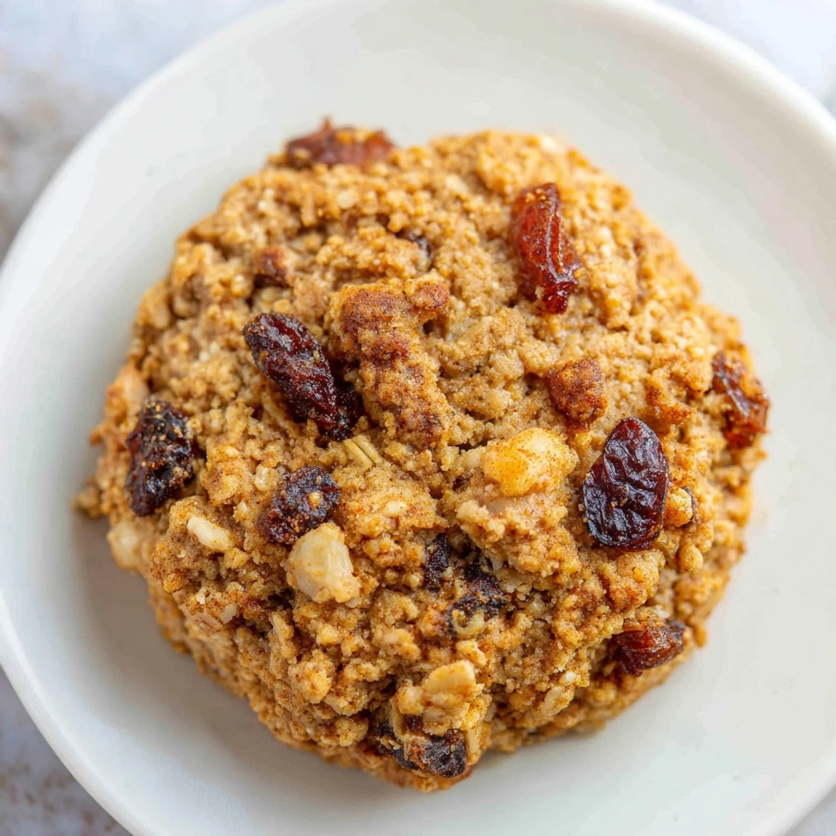 Warm, golden Soft-Baked Oatmeal Raisin Breakfast Cookies, fresh from the oven, with visible, plump raisins.