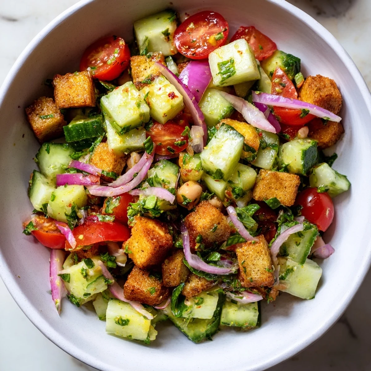 Crisp cucumber and chickpeas star in this Fresh Cucumber and Chickpea Salad with zesty lemon.