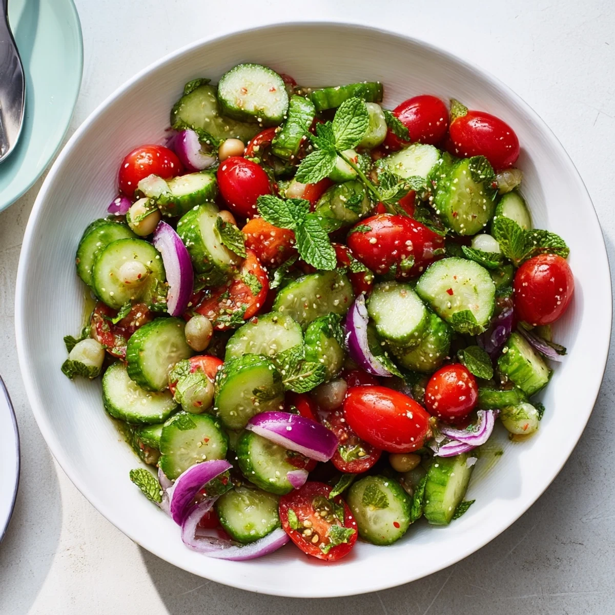 This vibrant Fresh Cucumber and Chickpea Salad with lemon and mint is ready in just minutes.