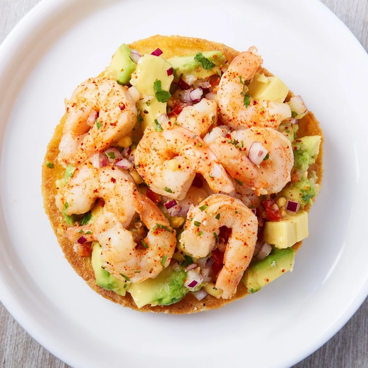 Quick Shrimp and Avocado Tostadas piled high with vibrant shrimp, creamy avocado, and fresh toppings.