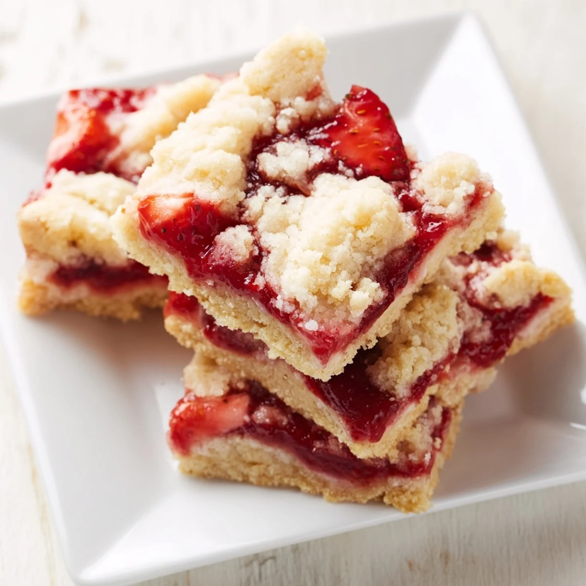 A close-up of buttery Simple Homemade Strawberry Jam Squares, topped with a crisp crumble crust.