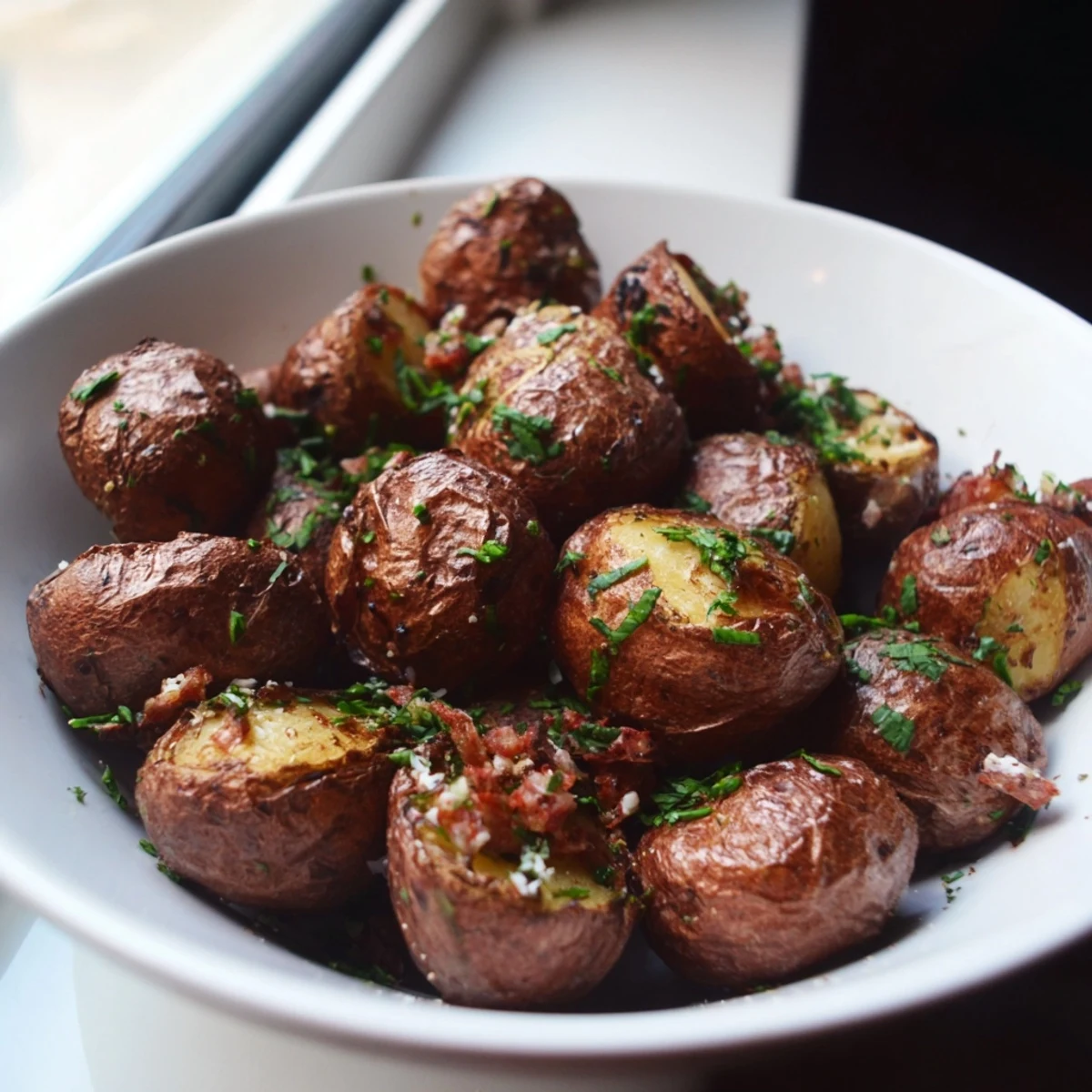 Golden-brown Crispy Garlic Butter Roasted Smash Potatoes, ready to eat with a fluffy interior and fresh parsley.
