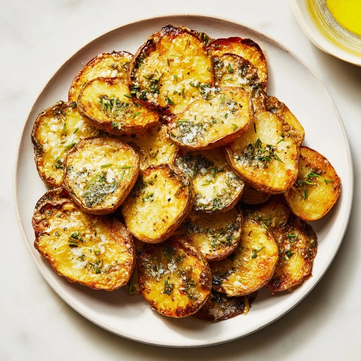 The irresistible aroma of garlic fills the air with these perfectly crispy garlic butter roasted smash potatoes.