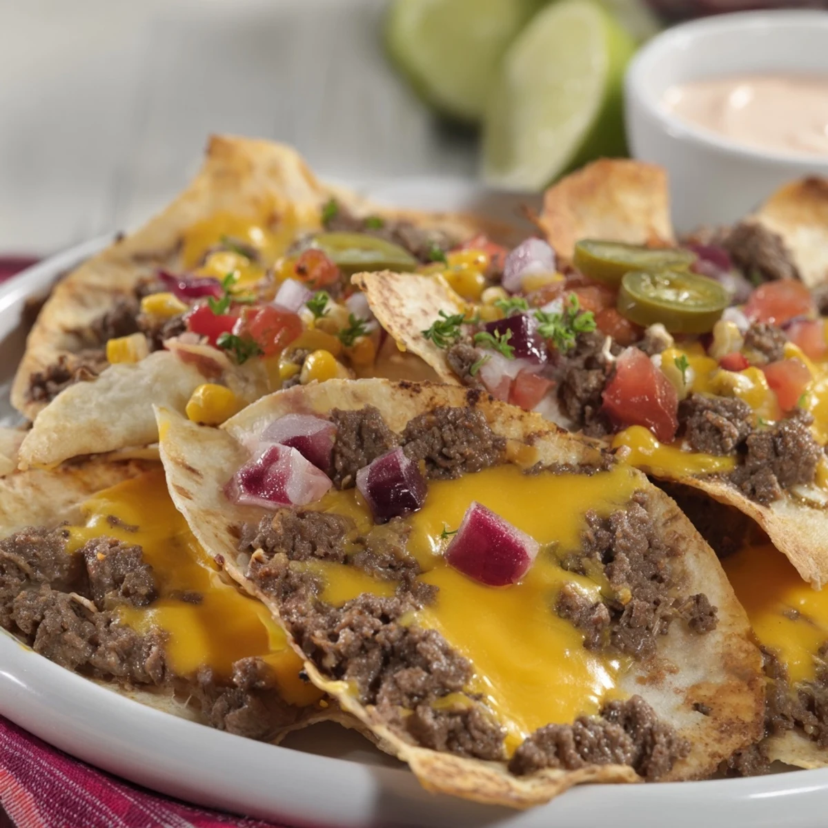 Golden, bubbly melted cheese covers a sheet pan of delicious, savory sheet pan beef nachos.