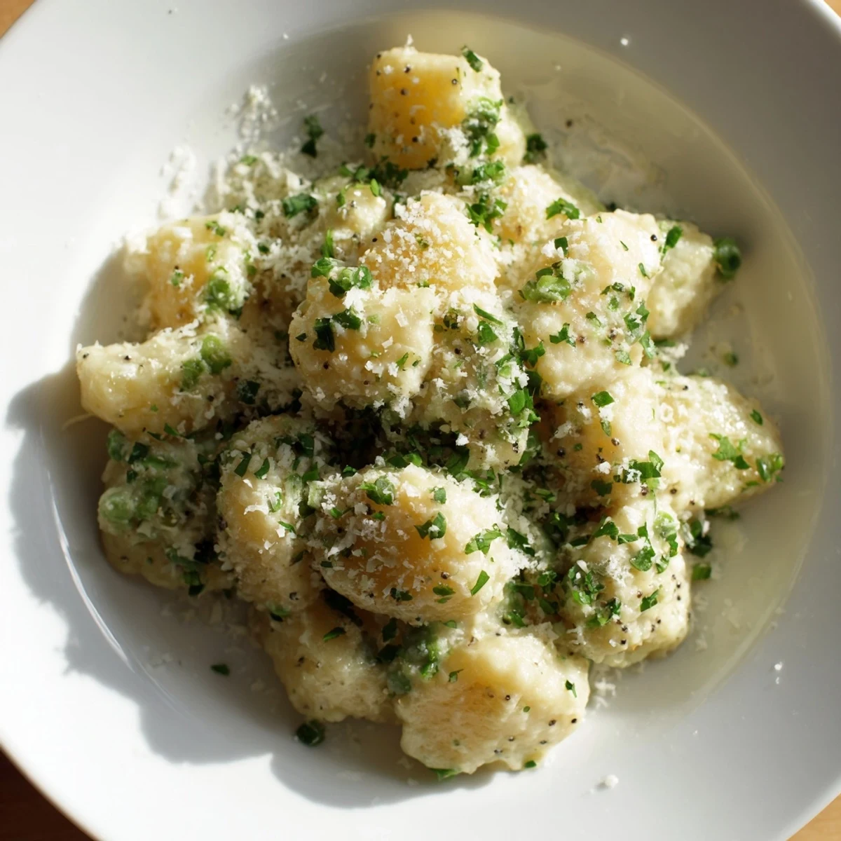 Golden-hued Creamy Parmesan Orzo with Green Peas, ready to serve with a light, velvety sauce.