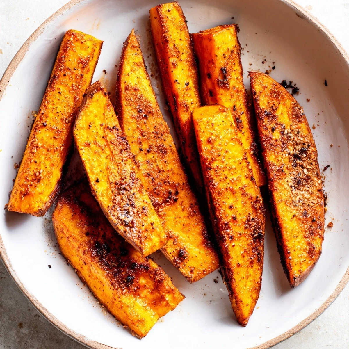 Golden brown Crispy Oven-Baked Sweet Potato Wedges, perfectly seasoned and ready to eat with a dipping sauce.