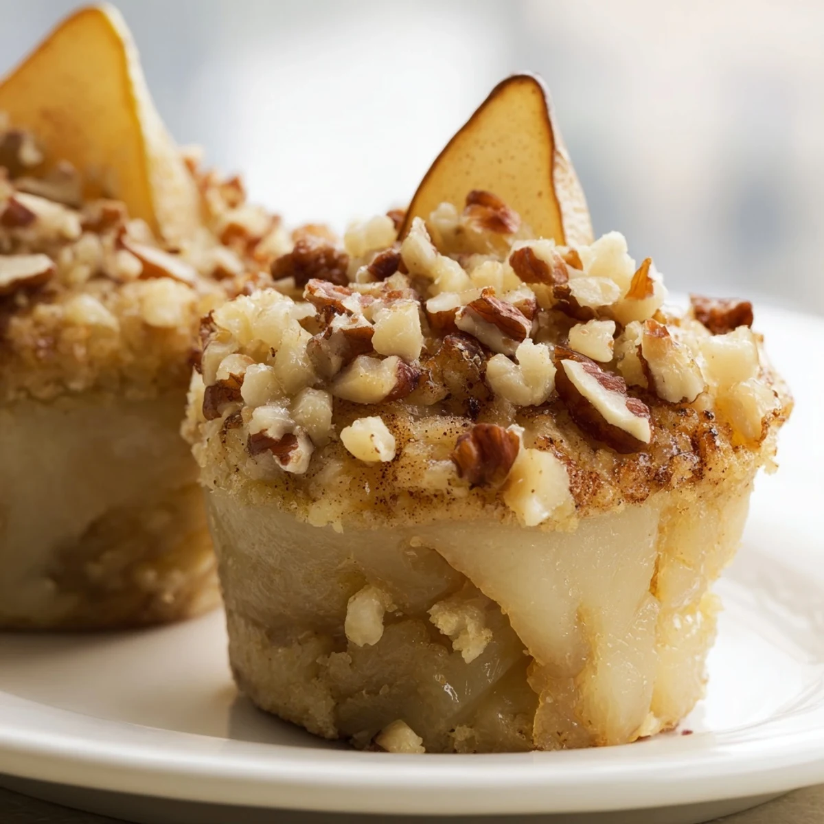 Golden-brown Seasonal Spiced Pear and Walnut Muffins, tender and fragrant, ready to be enjoyed.