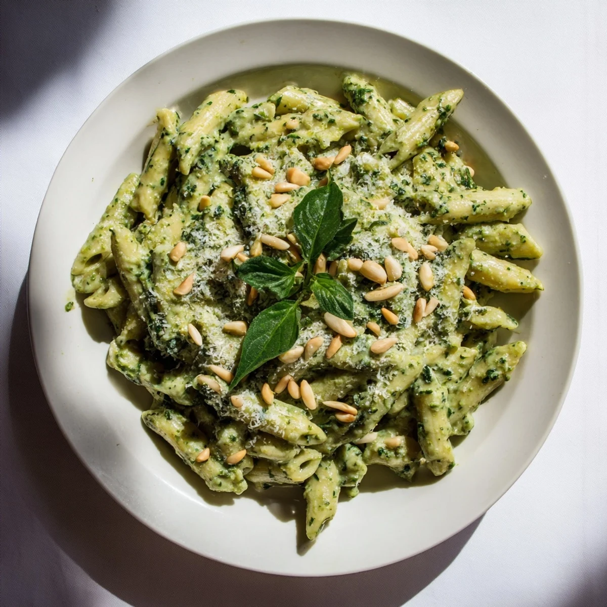 Golden creamy pesto pasta with fresh basil and pine nuts, a delightful 15-minute meal.