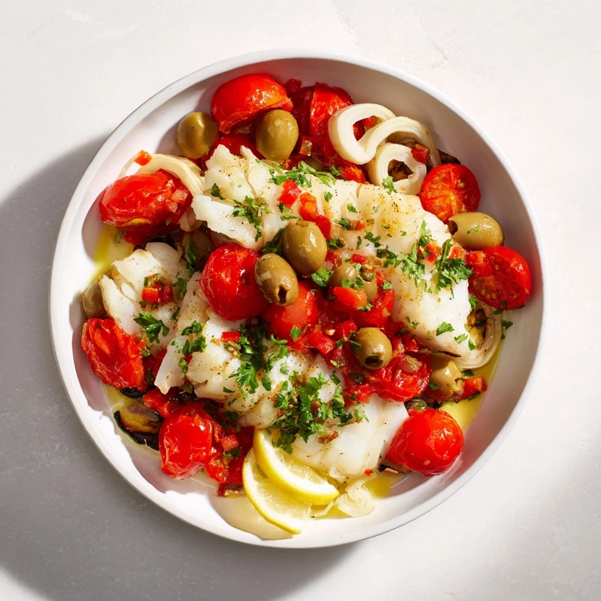 One-tray baked cod, served with vibrant roasted vegetables and fresh parsley garnish for dinner tonight.