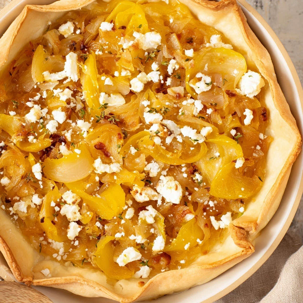 Golden caramelized onion and goat cheese tart, a savory delight with flaky crust and creamy filling.