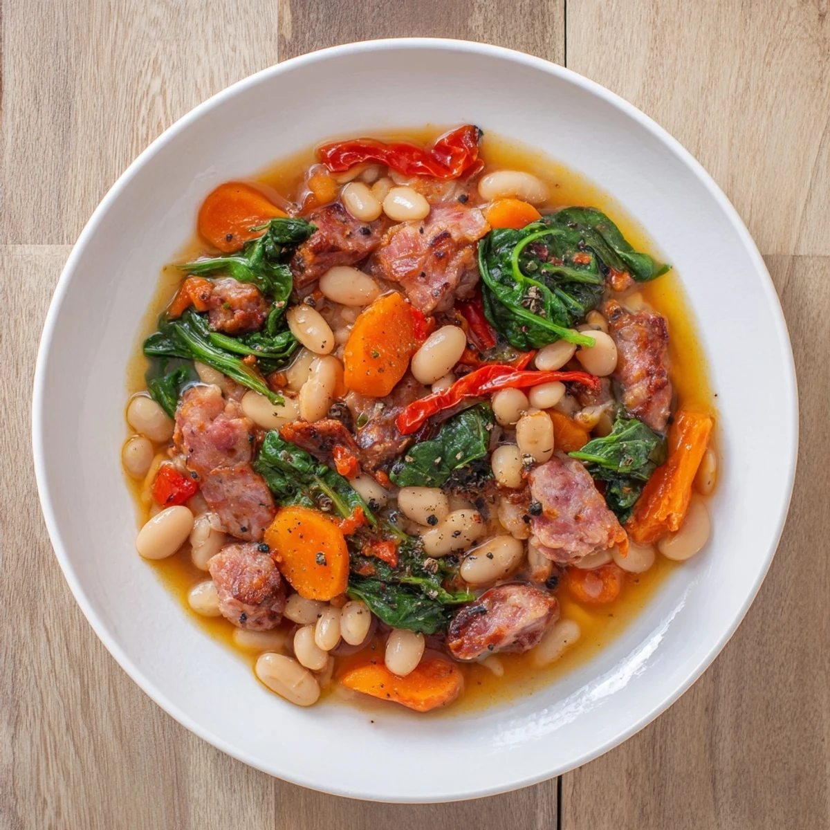 One-Pot Sausage and White Bean Stew, steaming hot, showcasing hearty sausage and vegetables' textures.