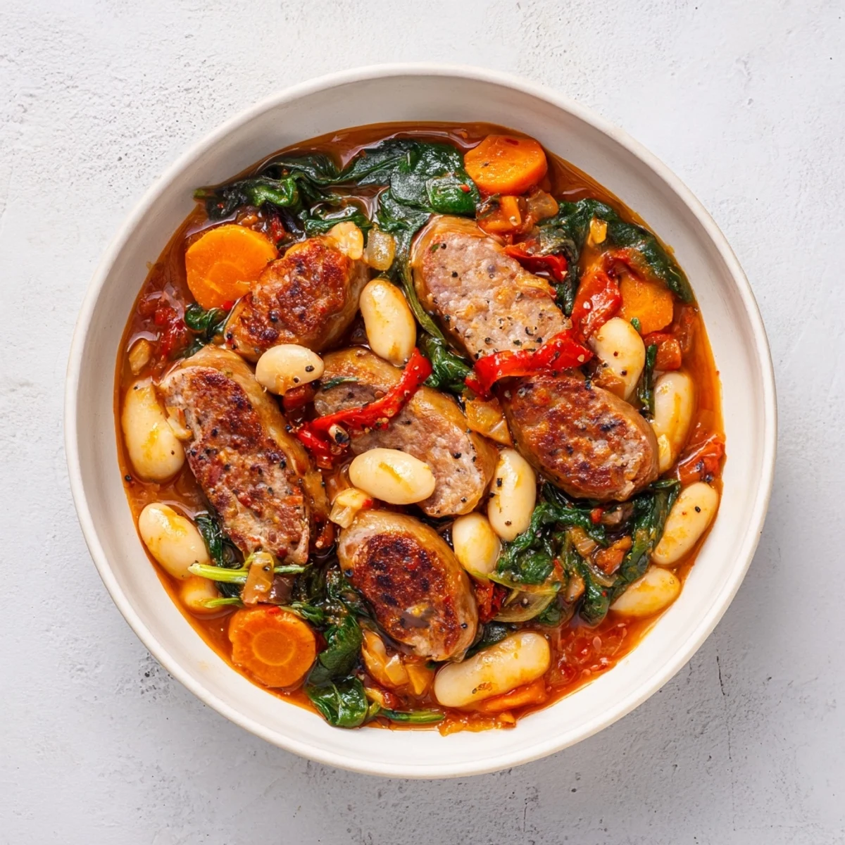 A close up shows the delicious, flavorful One-Pot Sausage and White Bean hearty stew ready to be served.