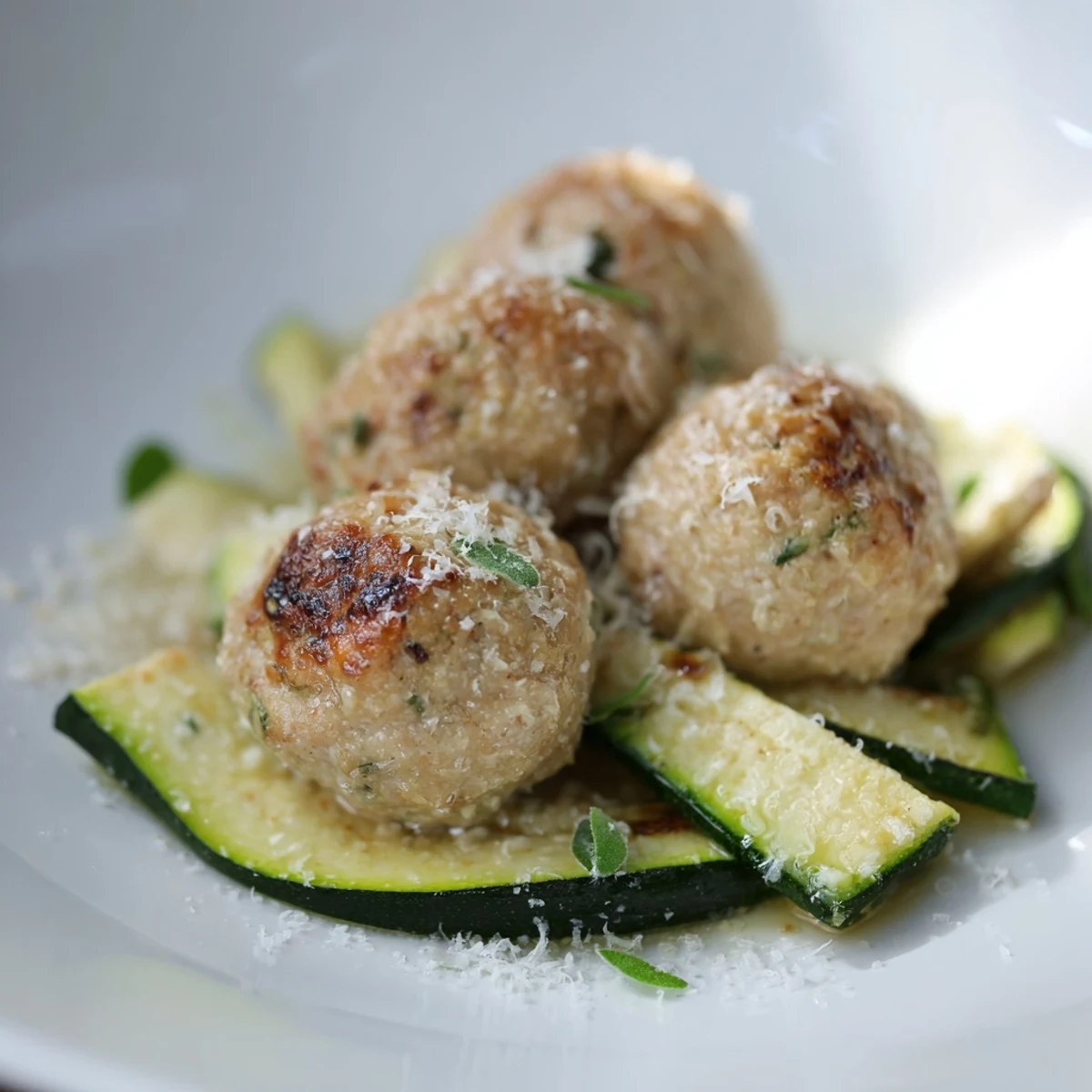 Golden-brown Easy Sheet Pan Turkey Meatballs sit beside roasted zucchini, a simple, delicious meal.