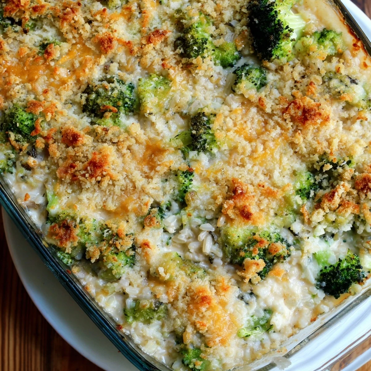 A close-up of a steaming, family-style pan of Cheesy Broccoli and Rice Bake with melted cheese.