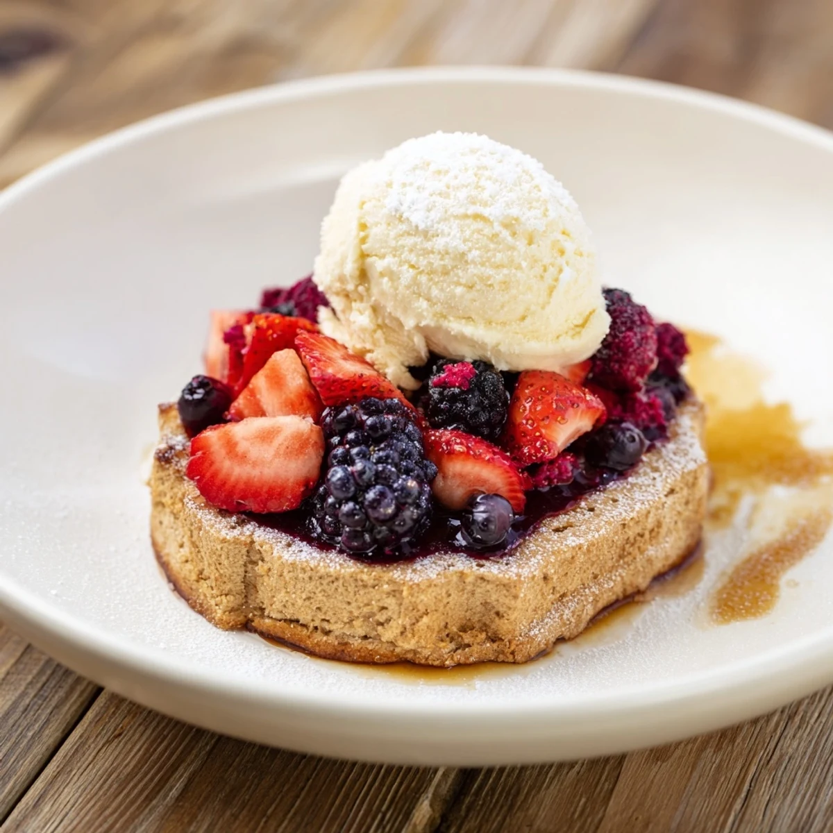 Golden, bubbly Rustic Summer Berry Cobbler served warm with a scoop of melting vanilla ice cream.