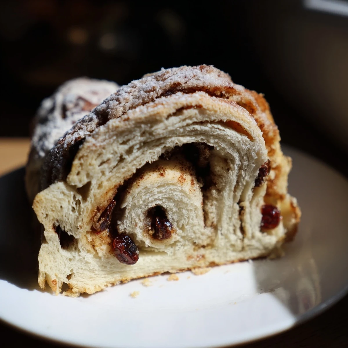 A golden slice of Homemade Cinnamon Swirl Raisin Bread, ready for toasting with butter.