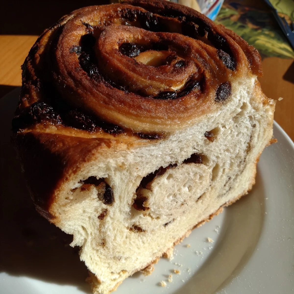 This warm, inviting photo shows the soft, fluffy interior of the delicious Homemade Cinnamon Swirl Raisin Bread.