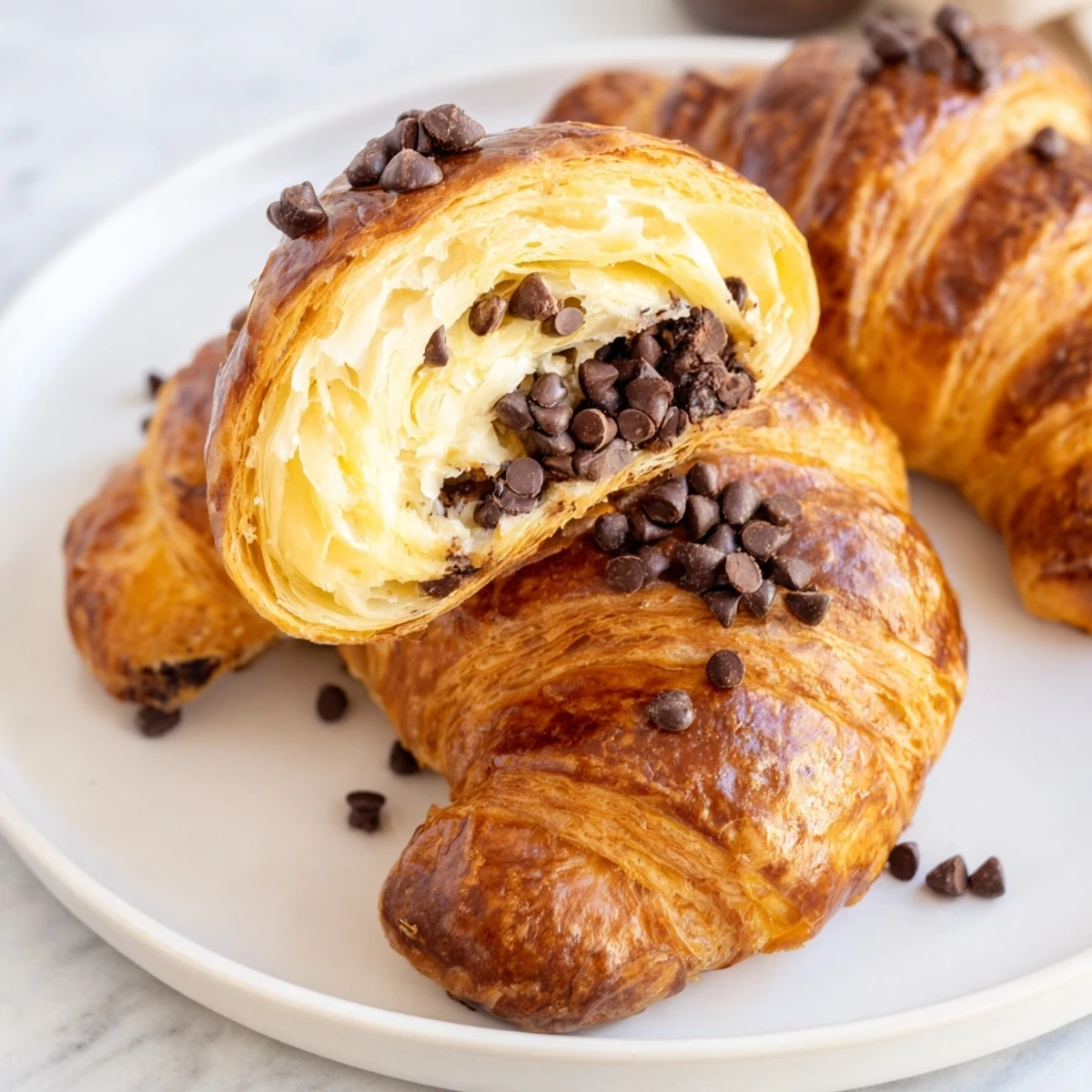 Warm, golden-brown Chocolate Cookie Croissants, a delightful American-French fusion dessert, ready to enjoy.