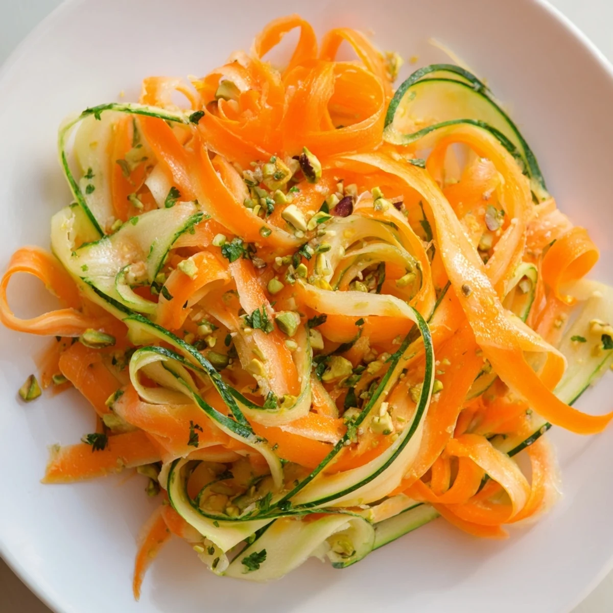 Bright citrus carrot ribbon salad, vibrant orange and yellow ribbons, ready to serve with fresh herbs.