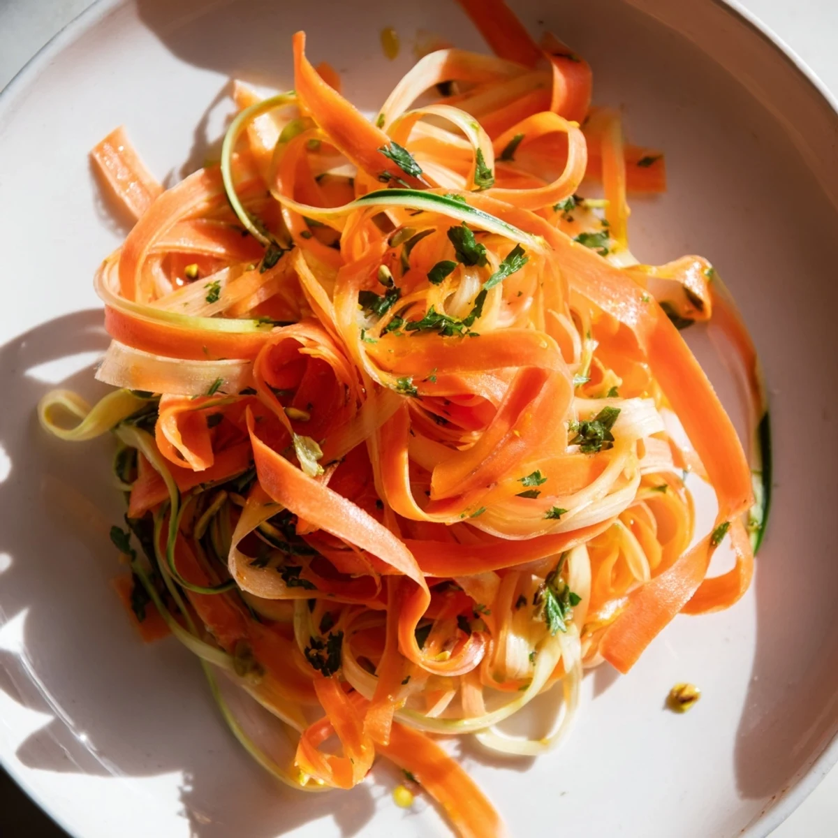 Refreshing citrus carrot ribbon salad, featuring colorful carrot ribbons, dressed with honey and fresh orange.