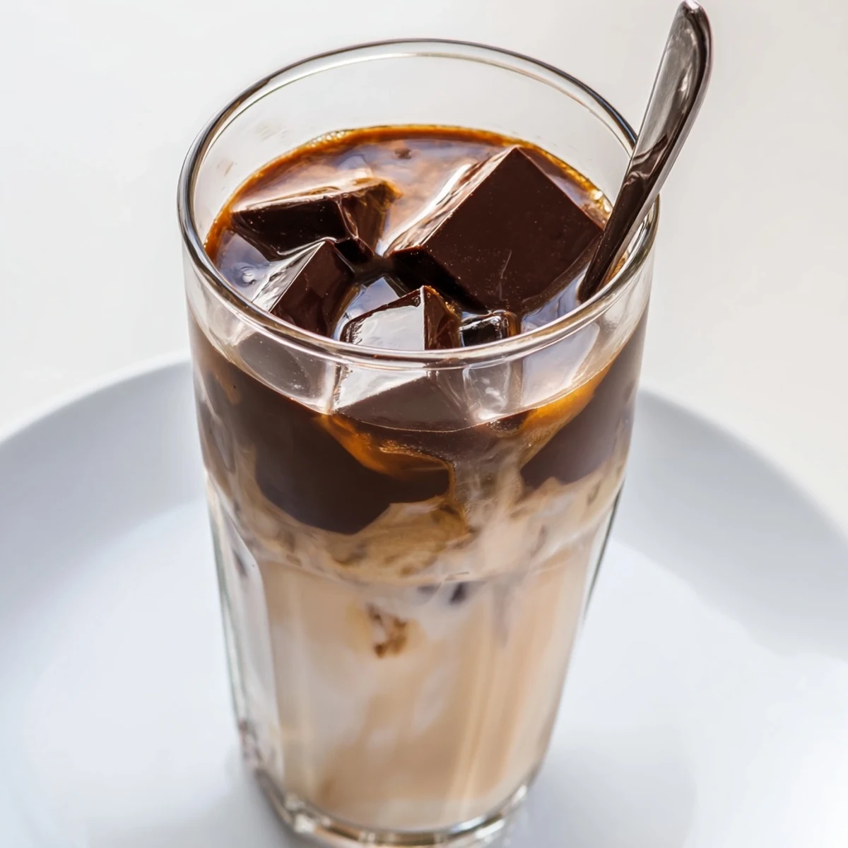 A close-up shot of a refreshing Chocolate Cracking Iced Latte with a crisp chocolate shell melting.