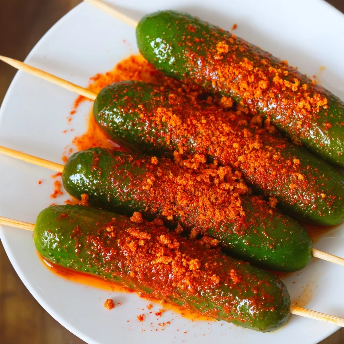 Golden, chamoy-glazed Chamoy-Tajín pickle sticks—a sweet, spicy, and tangy Mexican-inspired snack treat.