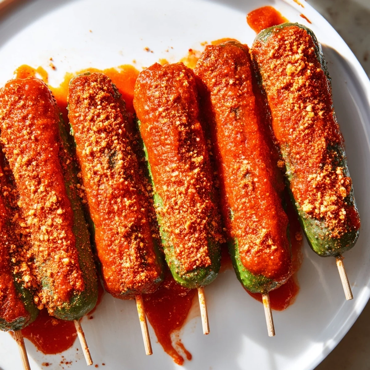 Crisp dill pickles transformed into addictive Chamoy-Tajín pickle sticks with a vibrant chamoy coating.