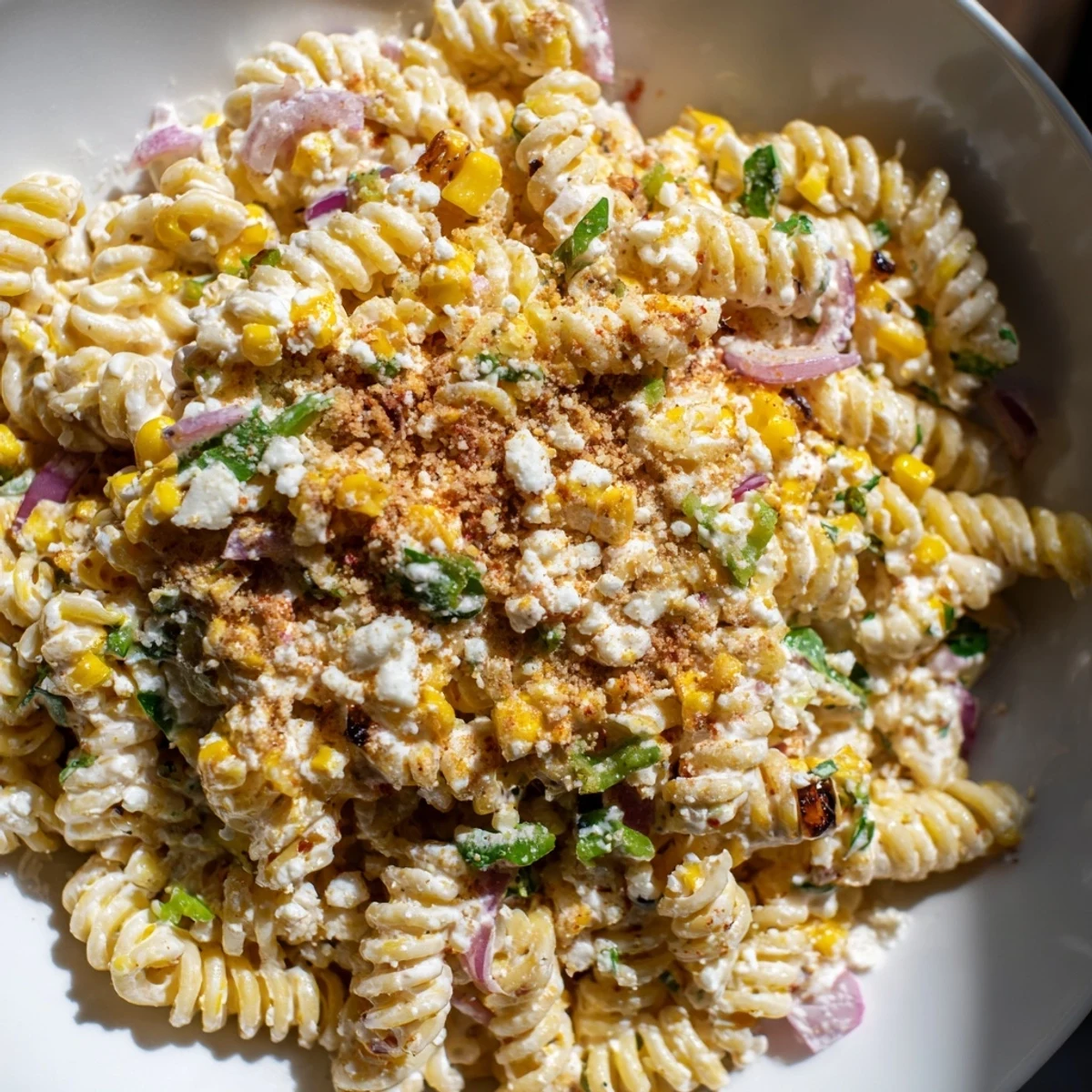 Enjoy a spoonful of flavorful Creamy Street Corn Pasta Salad with lime, a delicious vegetarian dish.