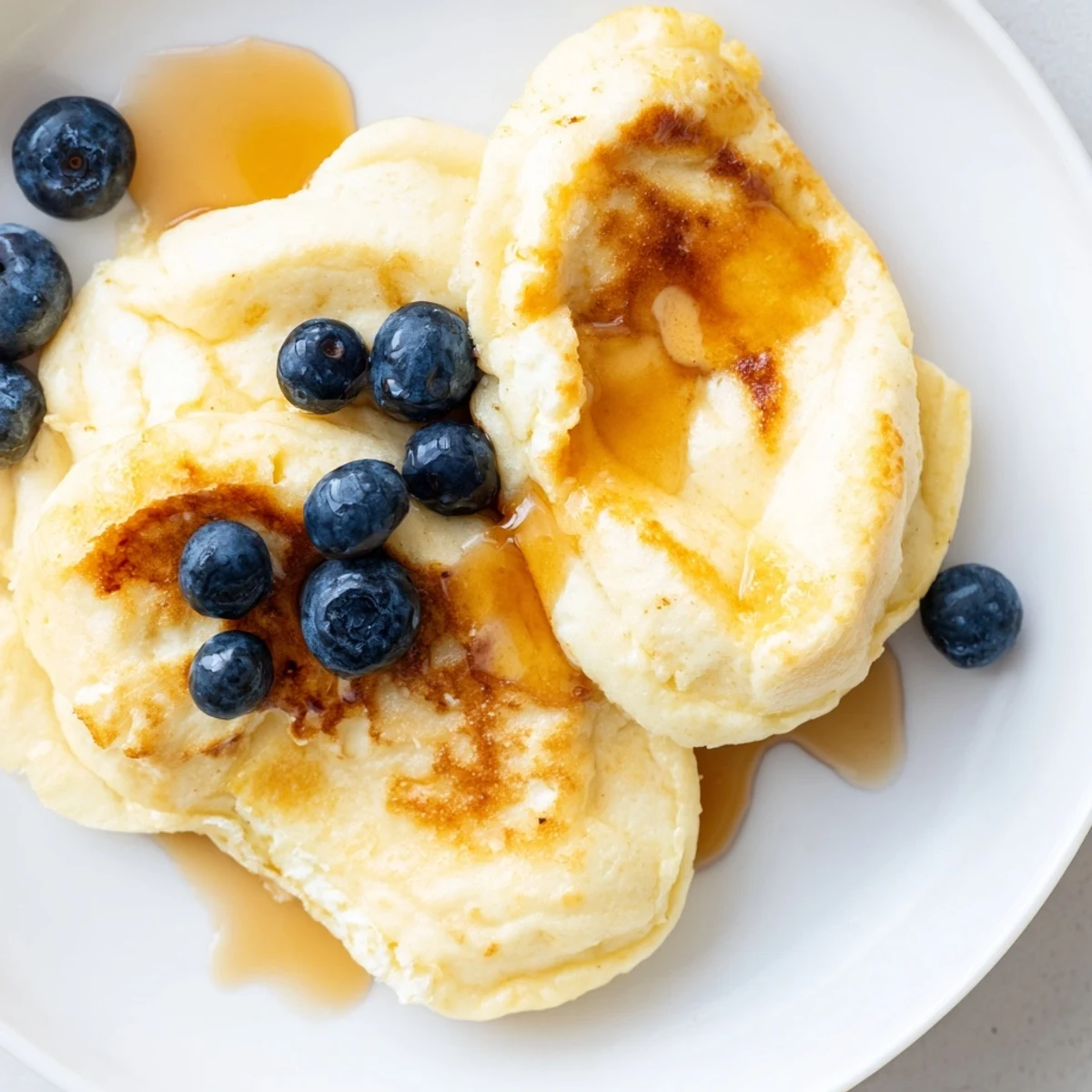 Close-up of fluffy scrambled pancakes, lightly golden with blueberries, perfect for a cozy morning meal.