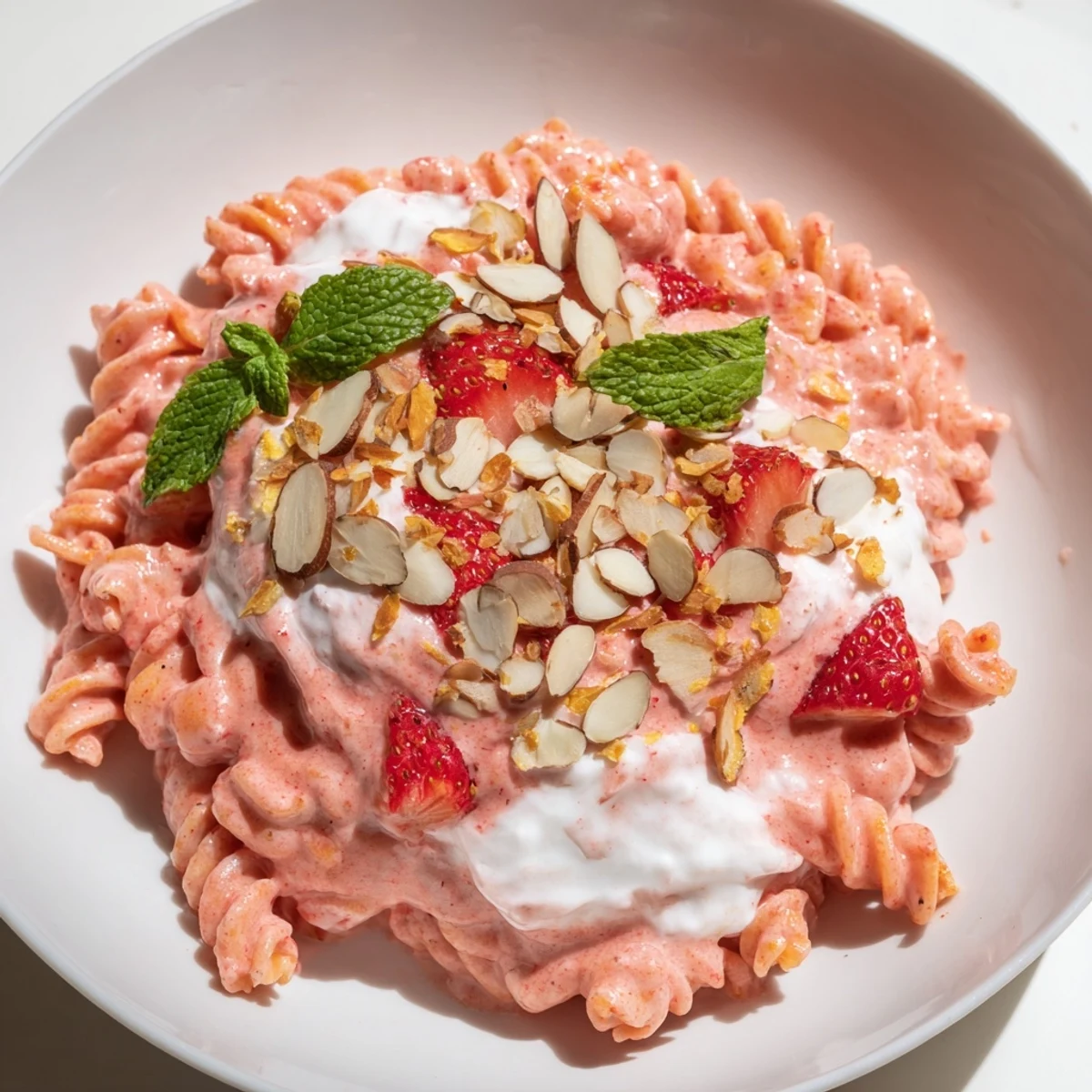 Enjoy a bowl of Sweet Strawberry Yogurt Pasta, a refreshing summer treat.