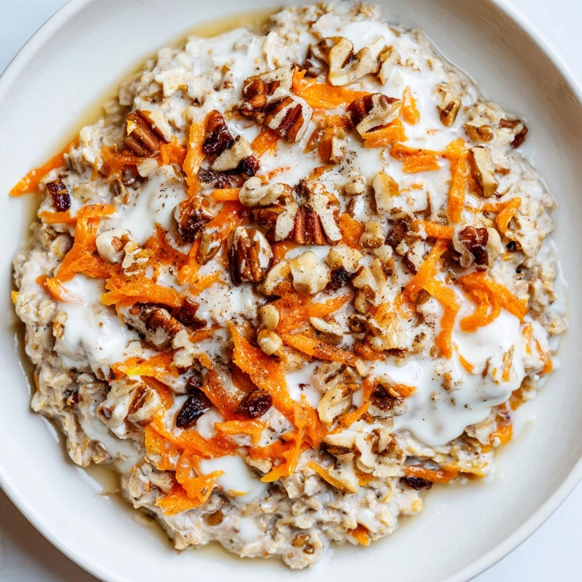 Creamy Carrot Cake Overnight Oats, garnished with nuts, offer a perfect, wholesome breakfast or dessert.