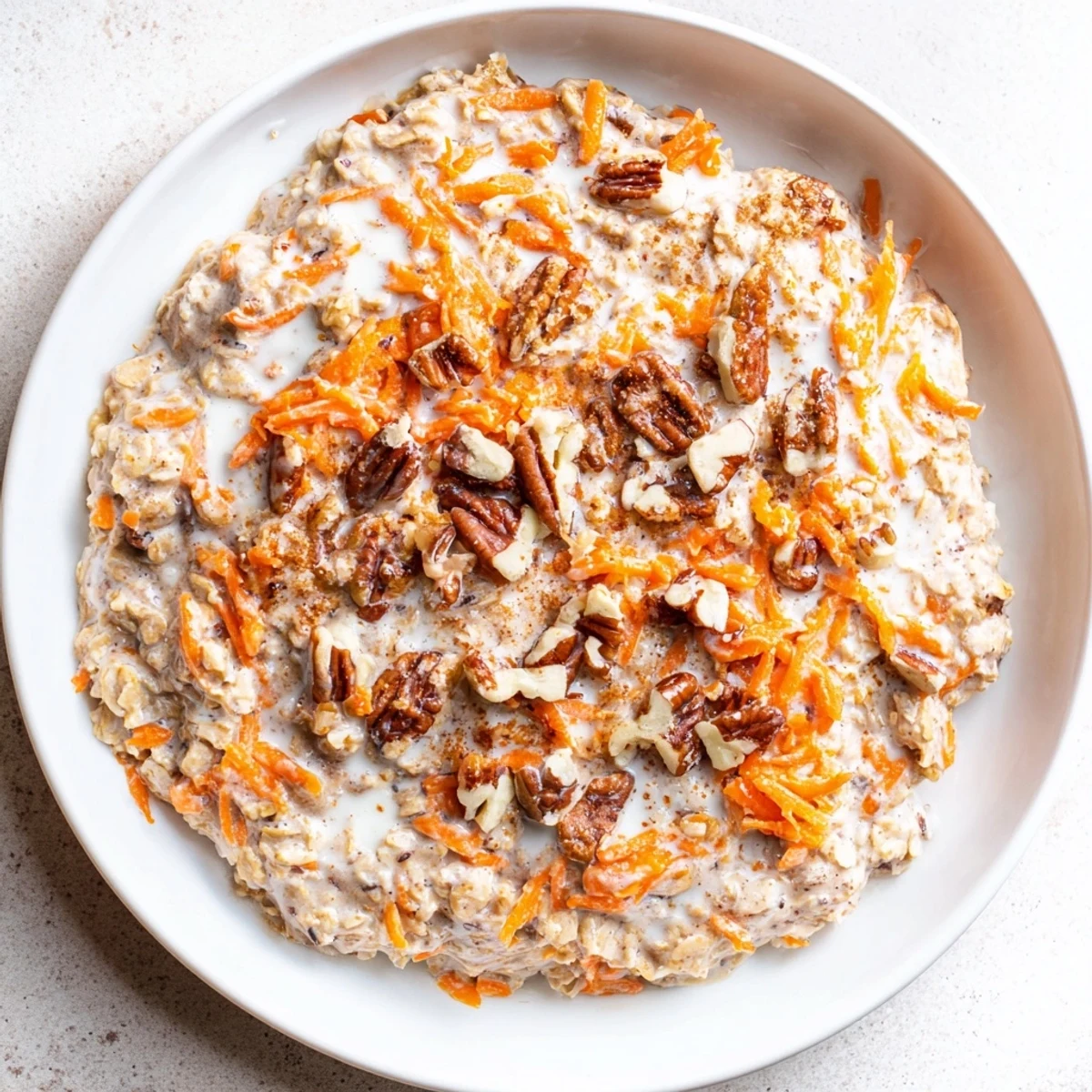 Enjoy a spoonful of chilled Carrot Cake Overnight Oats, a delightful blend of flavors and textures.