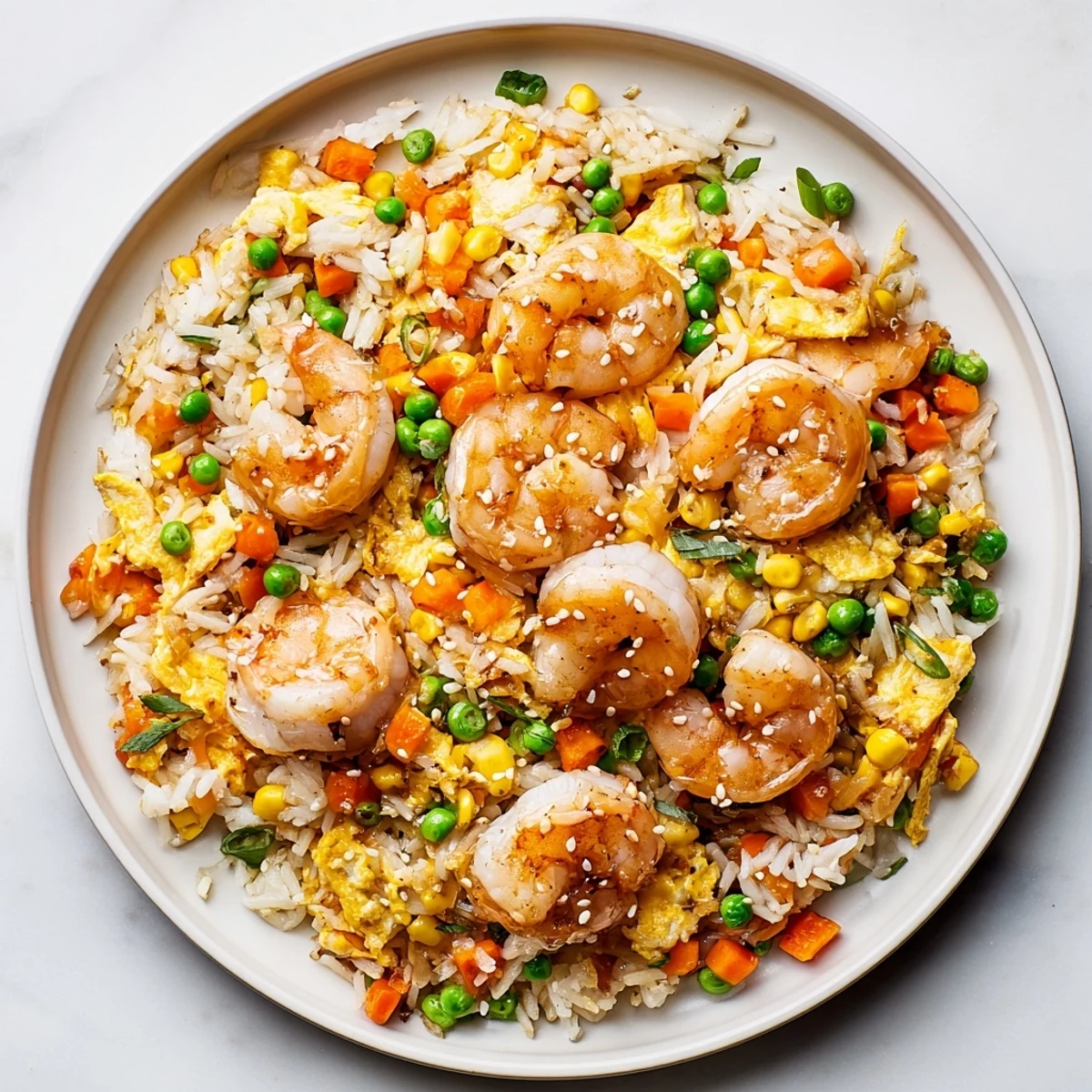 Savory shrimp fried rice hack with vibrant veggies and tender, pink shrimp in the wok.
