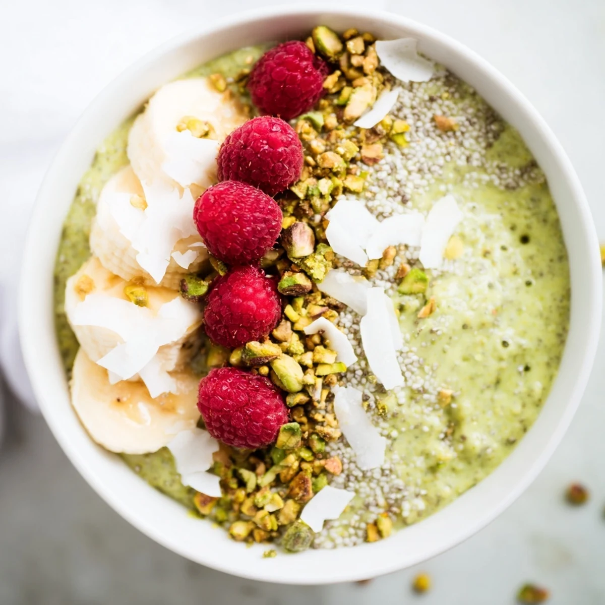A close-up of vibrant green Matcha Overnight Oats, chilled and ready to eat with toppings.