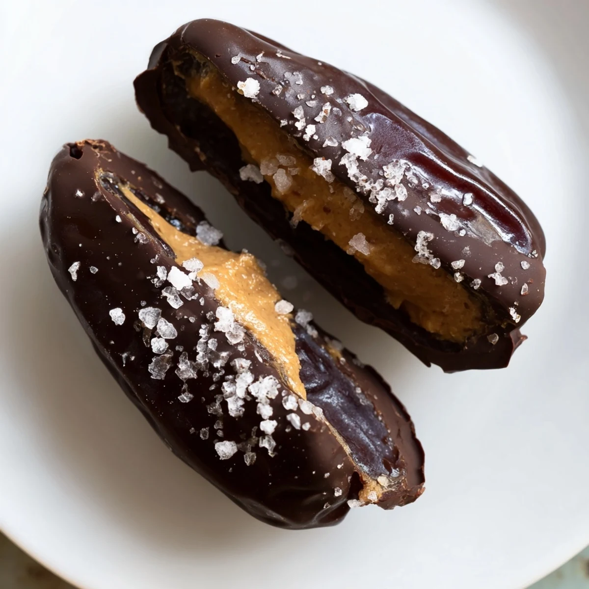 Close-up of a tray of chilled Chocolate Peanut Butter Dates showcasing the creamy peanut butter filling.