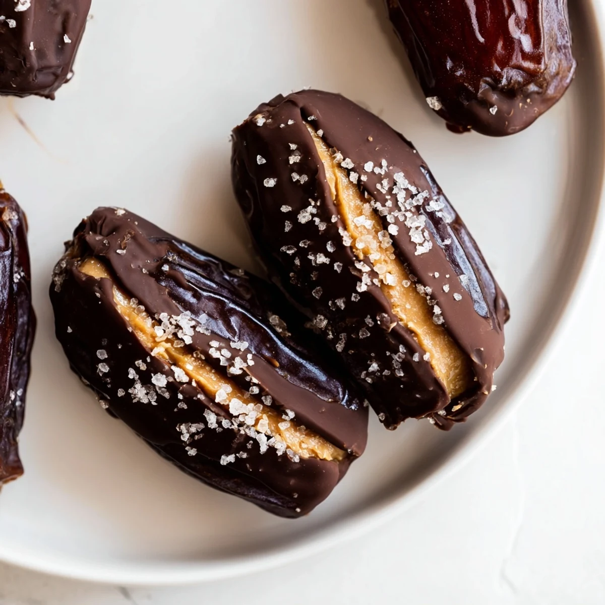 Homemade Chocolate Peanut Butter Dates, a delightful no-bake dessert sprinkled with sea salt flakes.