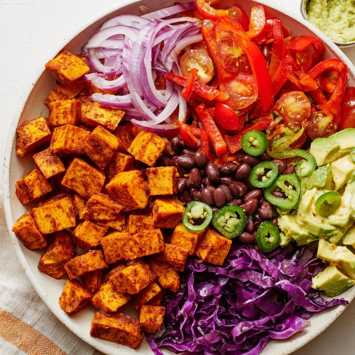 Golden roasted sweet potato taco bowls, brimming with colorful veggies, ready to enjoy.