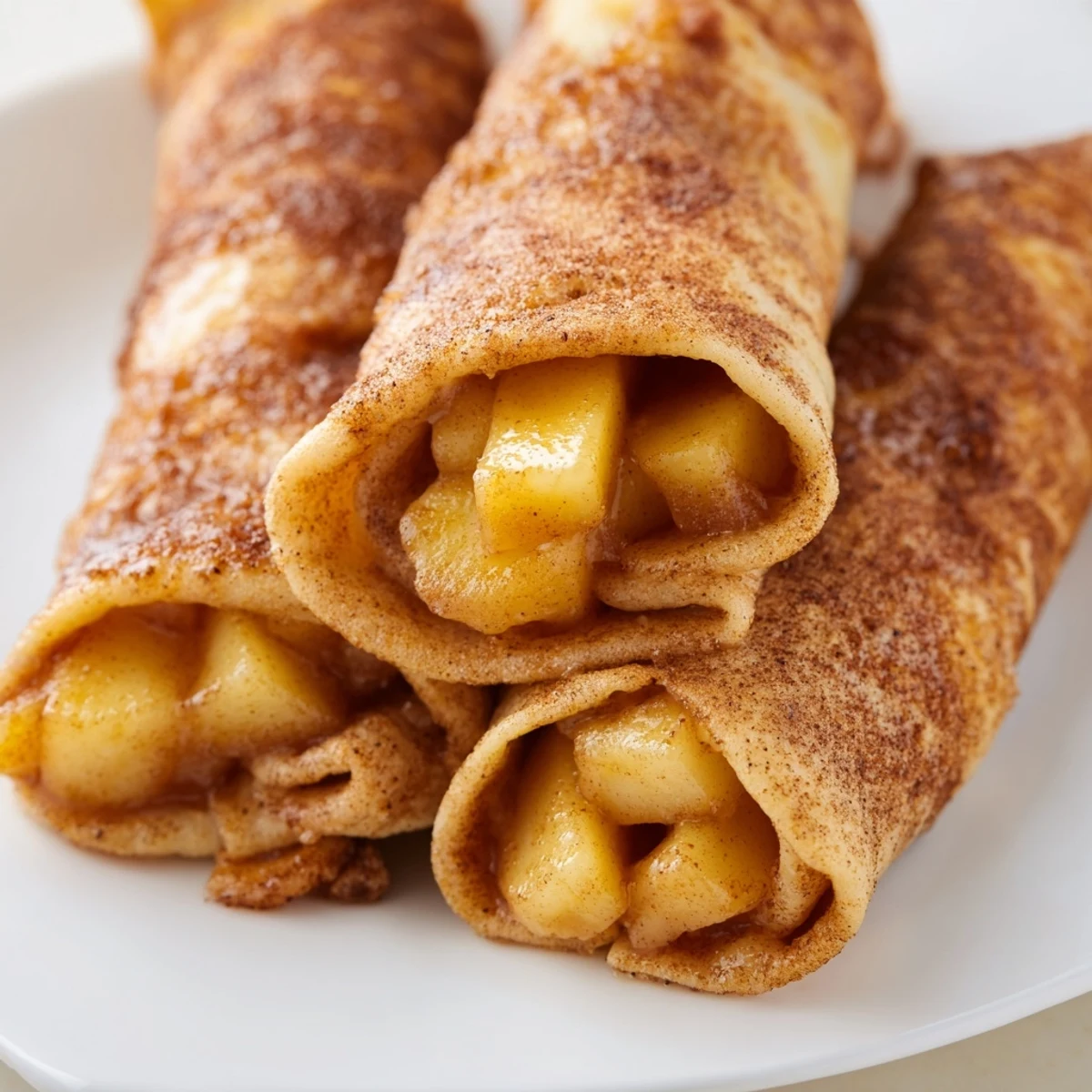 Close-up of baked Apple Pie Roll-Ups, showcasing the sweet apple filling within the tortillas.