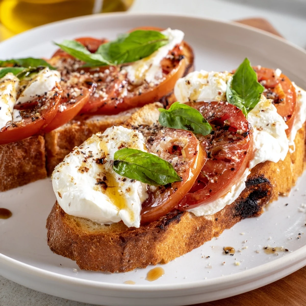 Golden sourdough topped with sliced tomatoes, burrata cheese, and fresh basil for Tomato Burrata Toast.