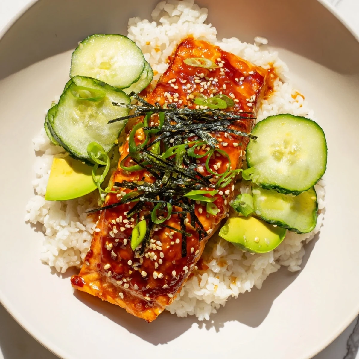 Emily Mariko-inspired salmon bowl with glistening orange glaze, served atop fluffy rice and fresh toppings.