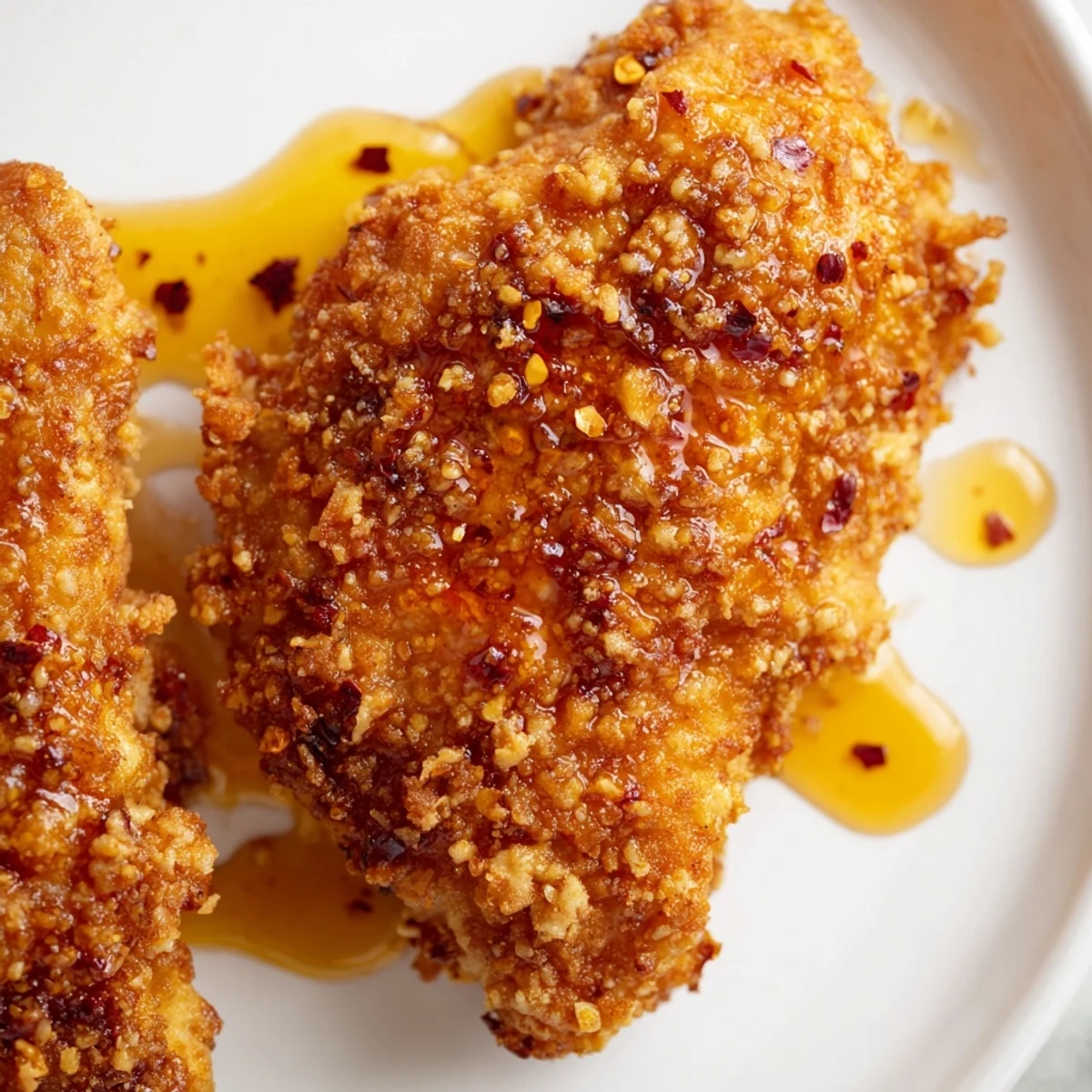 Golden-brown, crispy Hot Honey Crispy Chicken Thighs glistening with a sweet and spicy honey glaze.