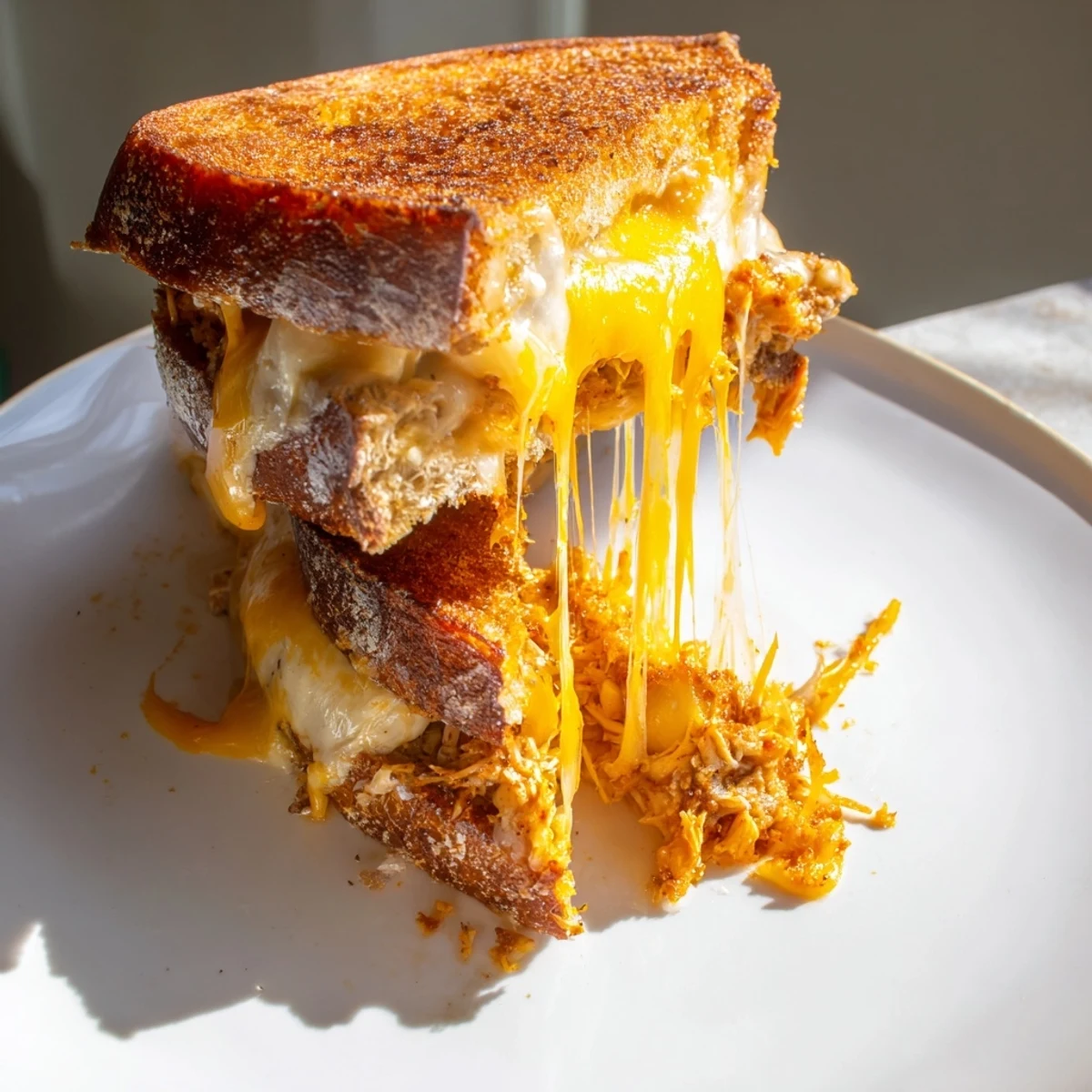 Golden-brown Spicy Crispy Chicken Sandwich Grilled Cheese, with melted cheese oozing from toasted bread.