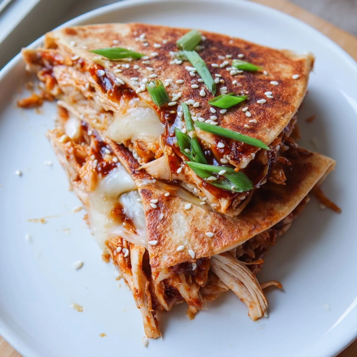 Golden, melty Korean BBQ Chicken Wrap Grilled Cheese, oozing with cheese and savory chicken filling.