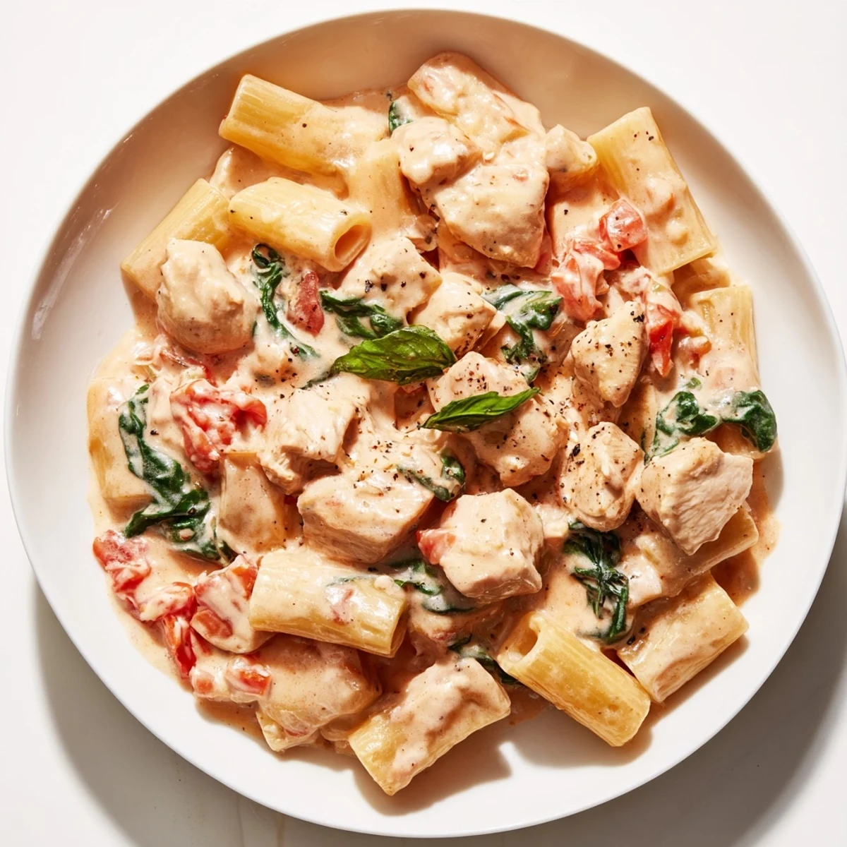 A steaming bowl of Budget-Friendly Marry Me Chicken Pasta, garnished with fresh basil, ready to eat.