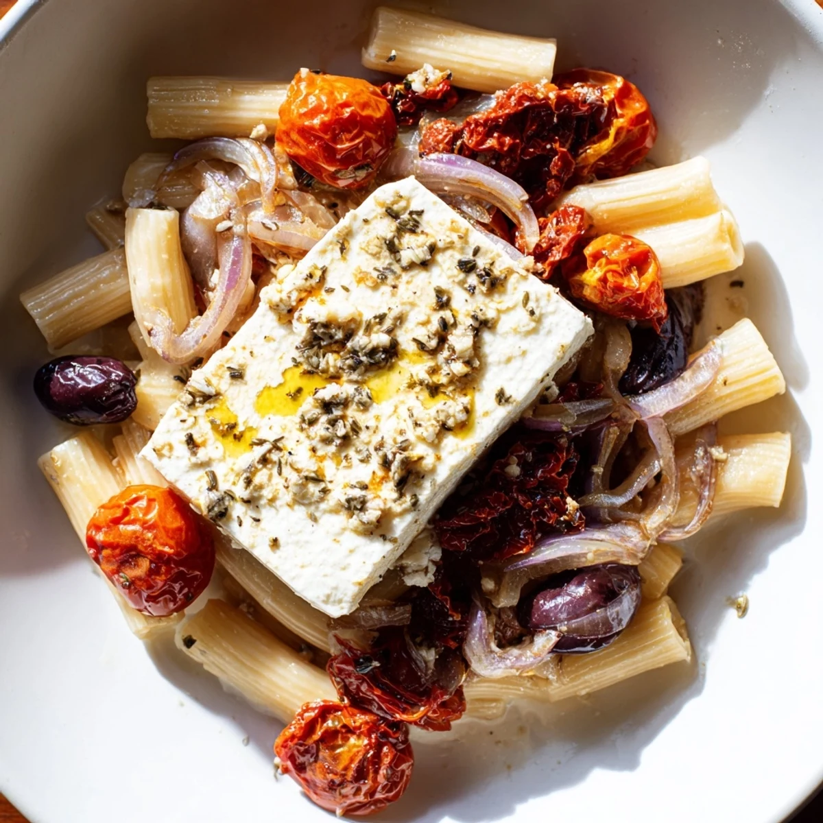 Golden, baked feta pasta with bursts of red tomatoes and fragrant herbs, ready to enjoy.