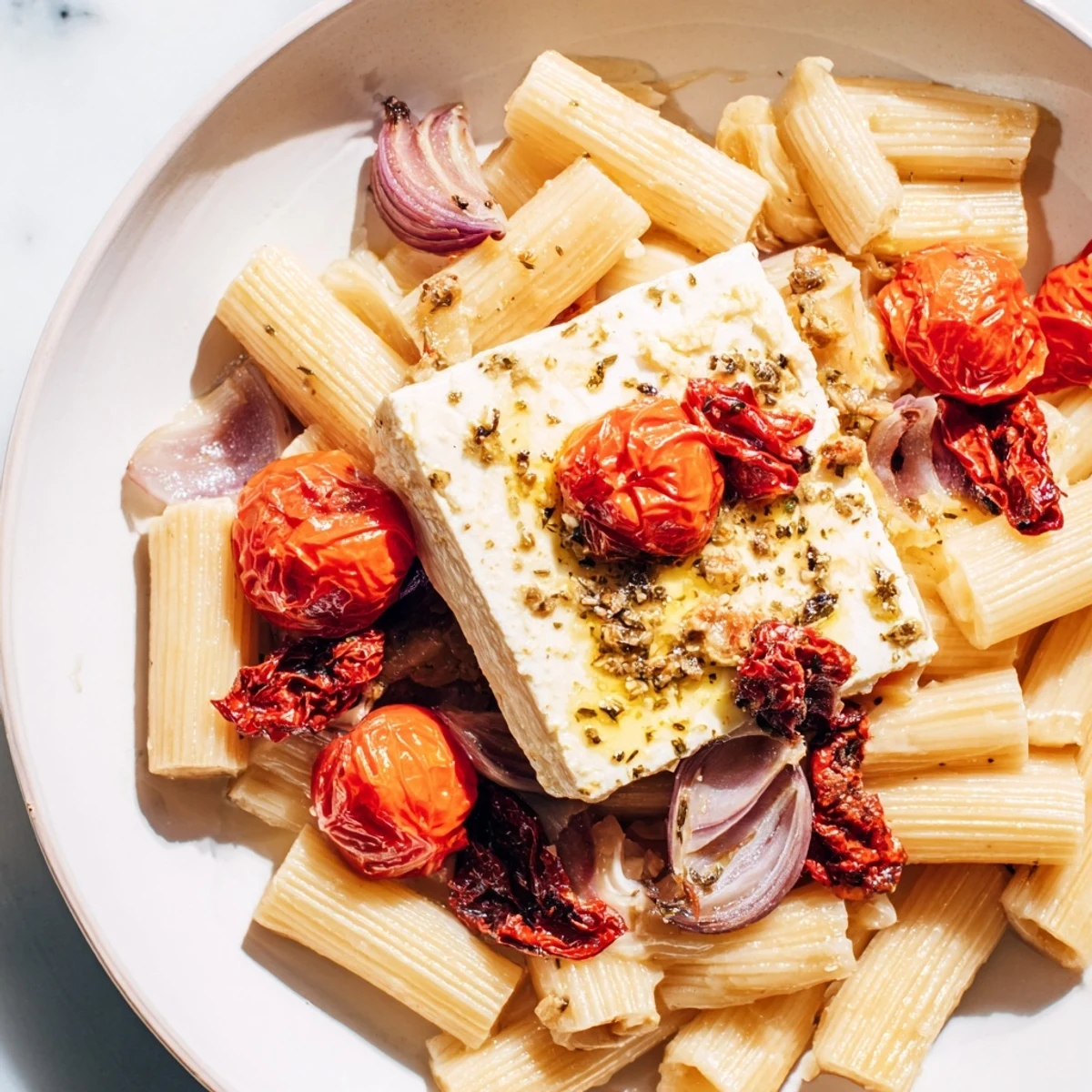 Rich, saucy baked feta pasta is served, showcasing vibrant tomatoes and delicious savory flavors.