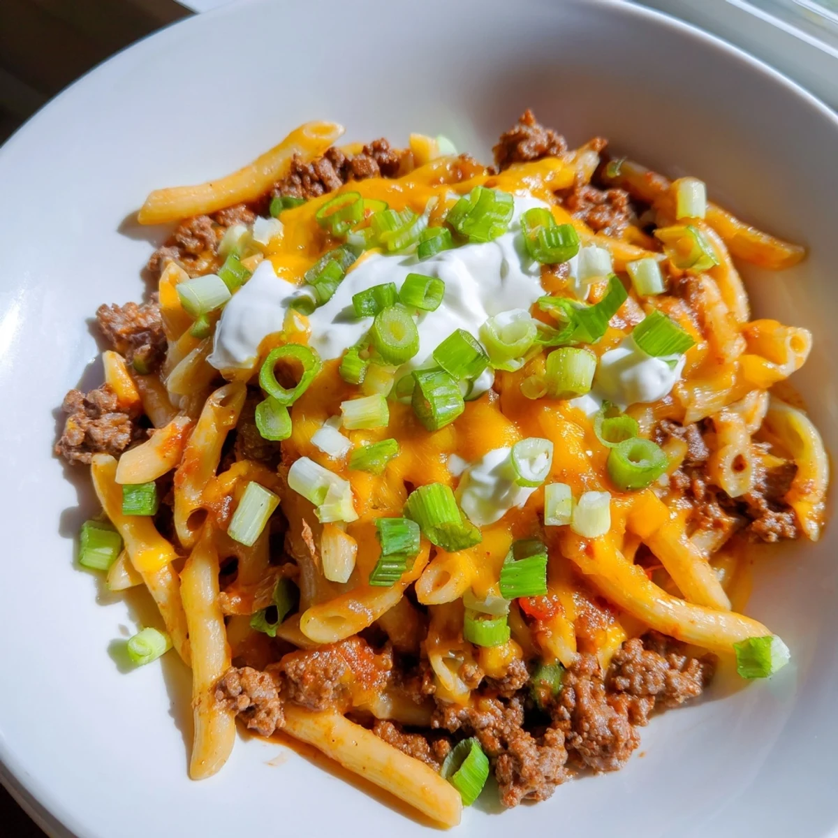 A steaming bowl of One-Pot Taco Pasta with fresh cilantro and a dollop of sour cream.