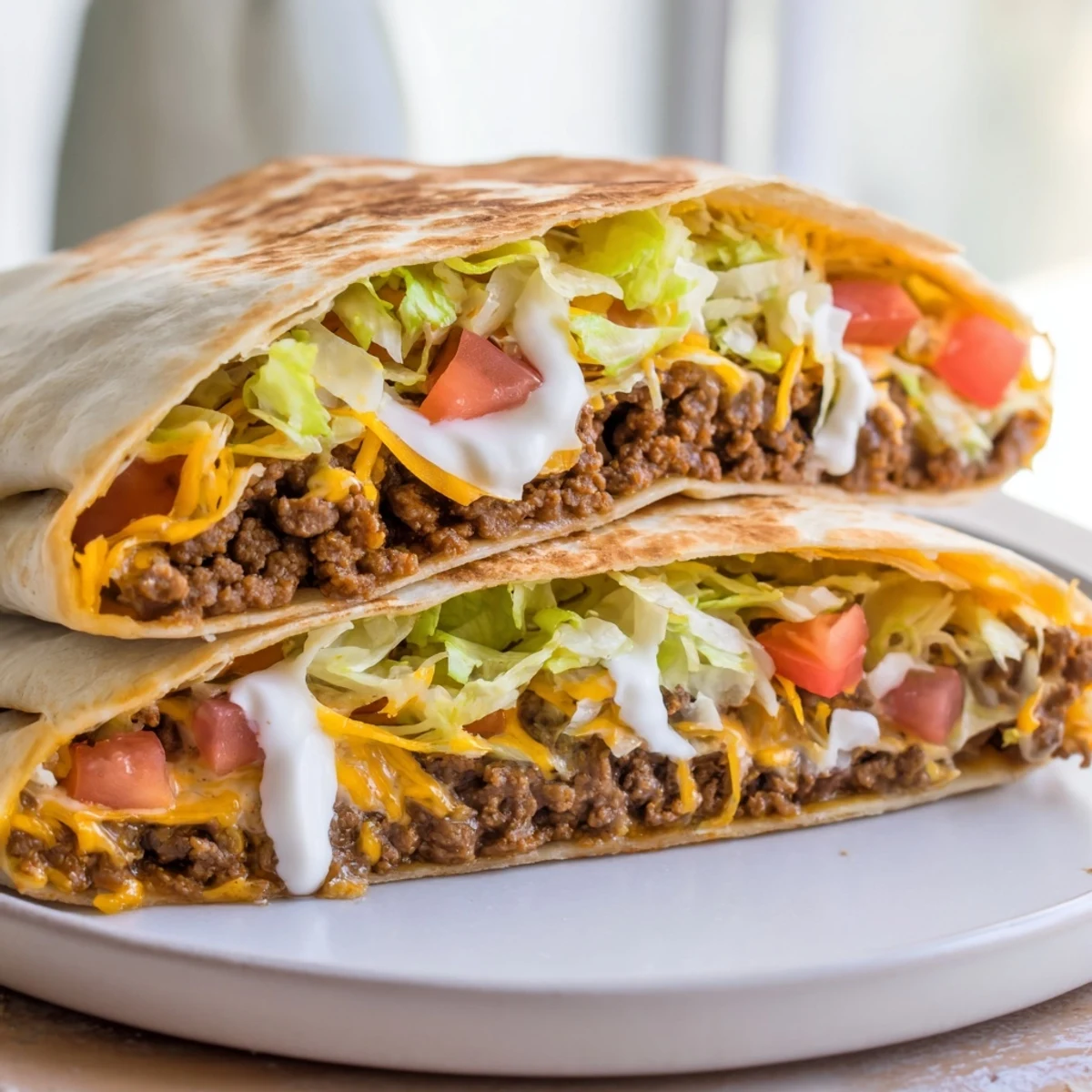 Golden-brown Taco Bell Crunchwrap Supreme, perfectly grilled, displaying layers of fillings ready to enjoy.