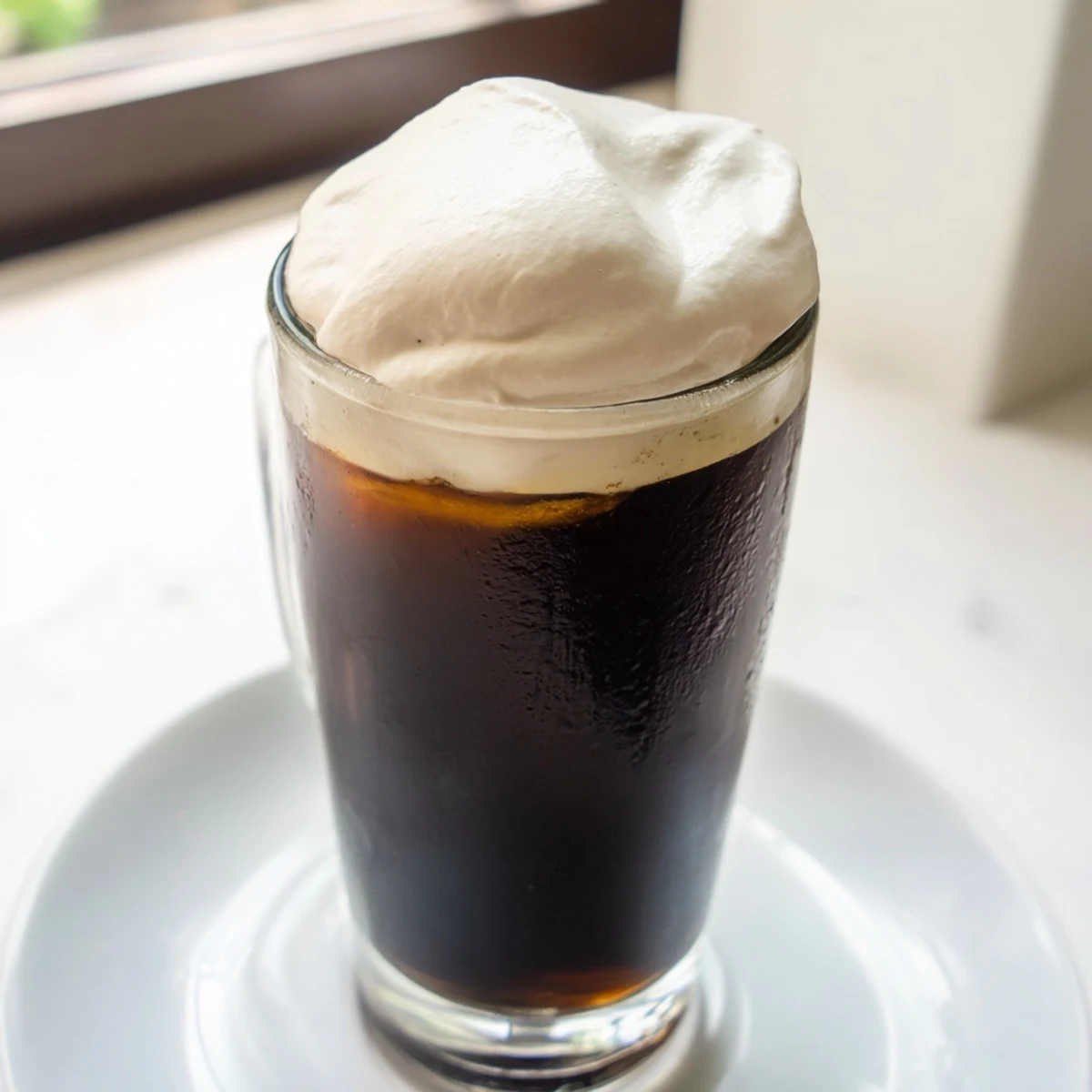 Fluffy, vanilla-infused Starbucks cold foam copycat sits atop a refreshing iced coffee, ready to enjoy.