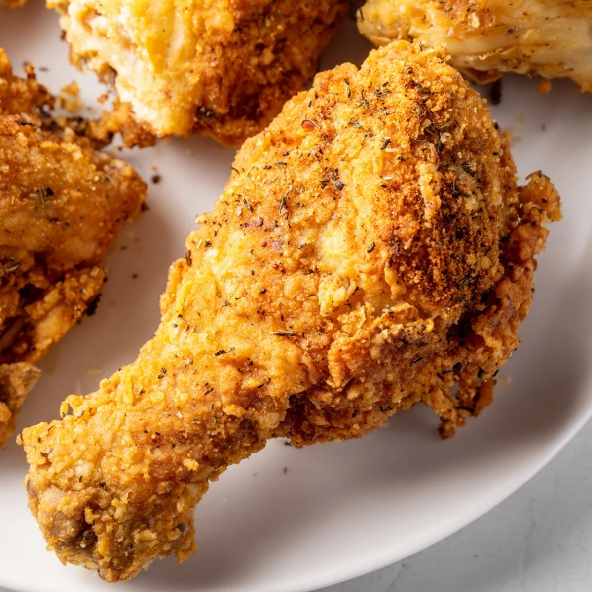 Golden brown KFC crispy chicken, perfectly fried with a flavorful coating, ready to enjoy.